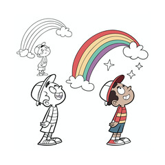 Two cartoon children observe a vibrant rainbow and stars in a colorful sky isolated on transparent background