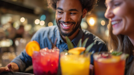Bartender teaching mixology class, colorful cocktails and laughter, creative learning, social gathering, food and beverage art, teamwork and taste, sensory experience, modern lifes