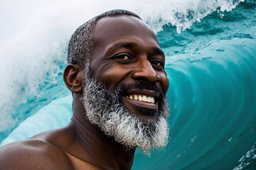 Happy mature african american man with grey beard smiling in ocean with large wave behind him. Concept of active retirement, vitality, and enjoying life during summer beach vacation