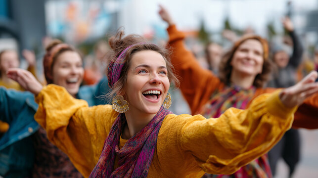 Group of dancers performing flash mob in city square, colorful outfits and energy, surprise and joy, urban art, community creativity, performance and unity, expressive happiness, s