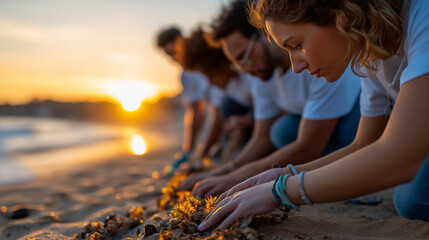 Volunteers cleaning beach at sunrise, teamwork and purpose, environmental awareness, sustainability and compassion, eco community, ocean preservation, doing good together, nature c