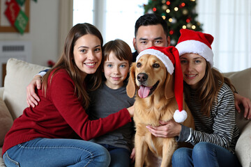 Happy family with their cute dog wearing santa hats, celebrating Christmas together on cozy sofa. Parents, son, and golden retriever posing by tree, representing holiday joy, love, and festive spirit