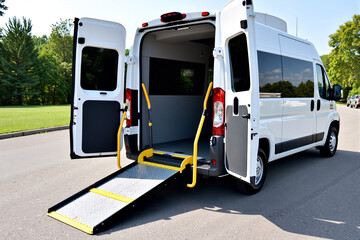 White wheelchair accessible van with ramp deployed for easy access for people with disabilities. Concept of mobility, special needs transportation, and inclusive transport services