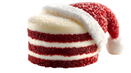 Cute Santa hat–themed mini cake with red velvet layers and creamy white top, isolated on white background