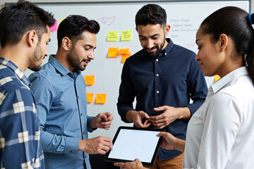 Diverse team of young professionals brainstorming with sticky notes on whiteboard in modern office. Colleagues collaborating on strategy, representing teamwork, innovation, and startup culture