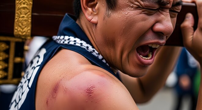 Man strains under heavy load, sweat pouring, face contorted in exertion during intense traditional festival ceremony