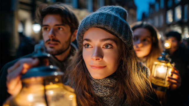Tourists on ghost tour with lanterns at night, historic buildings and mystery, curiosity and fun, adventure storytelling, cultural experience, Halloween vibe, thrilling atmosphere,