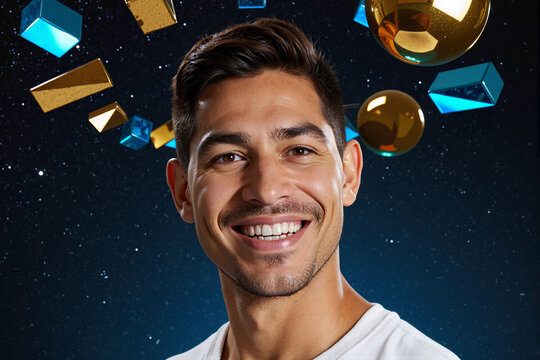 Happy young man surrounded by flying digital envelopes and icons against starry night background. Abstract concept of global communication, social media, email marketing, and internet connectivity