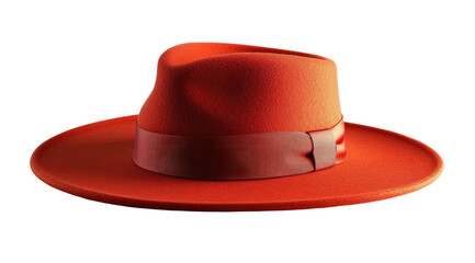 Elegant coral hat with a dark ribbon, set against a stark black background