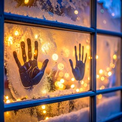 Frosted Shop Window with Amber Interior Glow with Faint Handprints