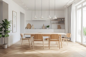 Bright modern dining room with wooden table chairs and plant.