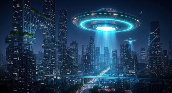 Futuristic metropolis under the glow of otherworldly visitations at night in a science fiction world