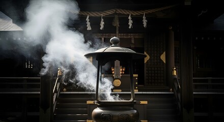 Mystical incense smoke swirls from ancient Japanese temple censer, evoking spiritual serenity and cultural tradition