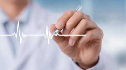 Medical Professional Drawing Glowing Heart Rhythm Trace in Mid-Air Demonstrating Futuristic