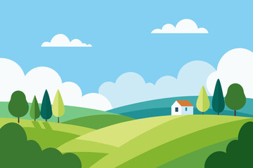 Naklejka premium Illustration of a house on a green field with trees