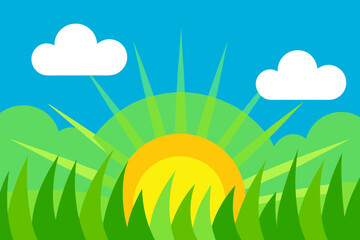 Obraz premium Illustration of sunrise with clouds and green grass