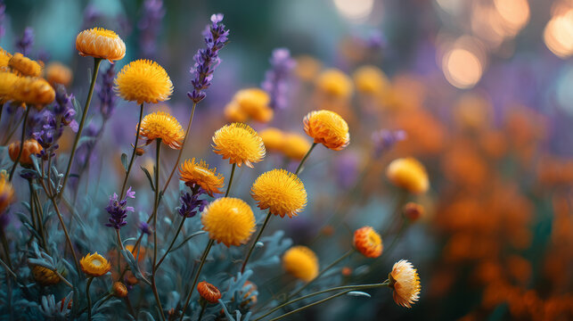 Close-Up of Vibrant Yellow Billy Button Flowers with Silvery-Green Stems in Botanical Harmony