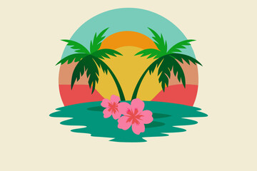 Obraz premium Illustration of palm trees with hibiscus flowers