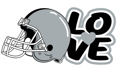 LOVE in bold  silver and black graffiti lettering, with a vibrant heart at the center and a football helmet beside it. A dynamic street art vector with sporty flair