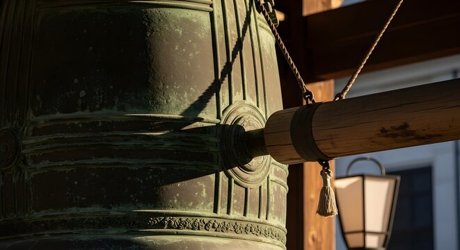 Ancient bronze temple bell with weathered patina and wooden beam, bathed in warm sunlight, evoking serenity and tradition.