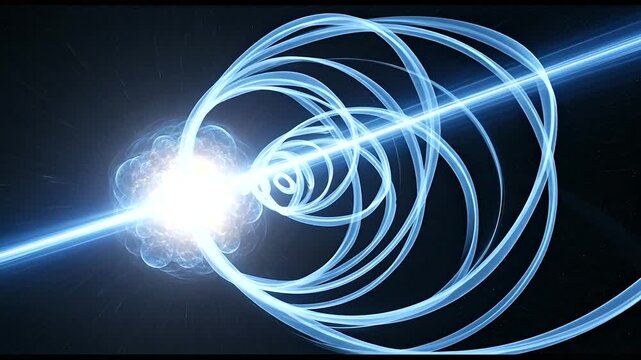 Dynamic representation of energy waves spiraling from a bright core in space