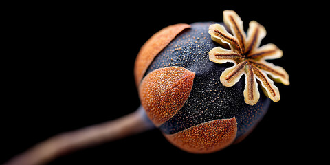 Naklejka premium Extreme Close Up of A Vibrant Poppy Seed Pod on Black Background Studio Shot