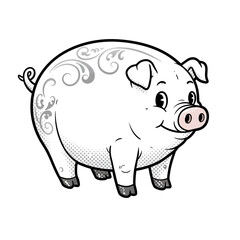 Obraz premium Cute retro cartoon pig with decorative patterns representing Eastern zodiac symbols: White Metal Pig, white background, vector illustration 