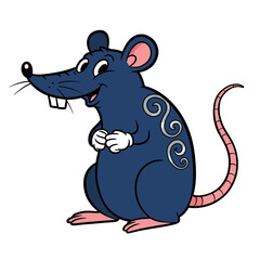 Fototapeta premium Cheerful cartoon blue water rat character with a curled tail and white gloves representing good fortune in the Eastern zodiac, ideal for children's illustrations or themed designs. 