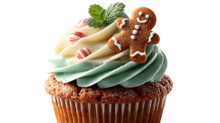Festive vanilla mini cupcake with peppermint swirl frosting and gingerbread man topper, isolated on white background