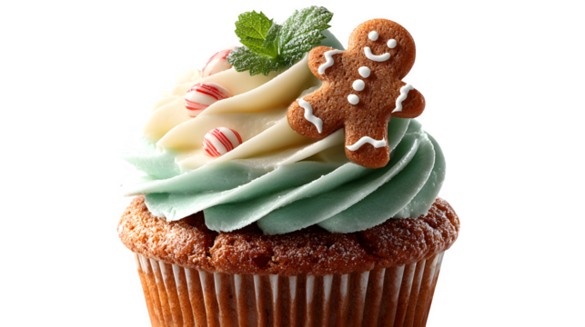 Festive vanilla mini cupcake with peppermint swirl frosting and gingerbread man topper, isolated on white background