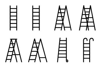 Set of eight black ladder icons in various styles and designs