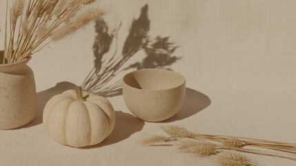 A minimalist arrangement featuring a beige pumpkin, a round bowl, and dried grass in two vases. Soft shadows create a warm, neutral atmosphere.