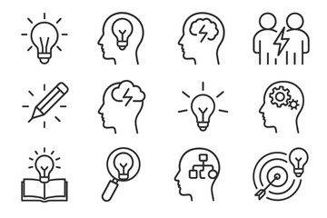 Creative thinking icons set: bulb, brain, pencil, collaboration, analysis