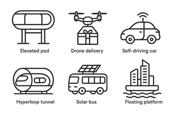 Futuristic transport: elevated pod, drone delivery, self-driving car, hyperloop, solar bus, floating platform