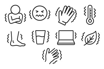 Shivering icons: cold symptoms, temperature, and vibrations illustrated