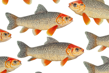 Pattern of orange, gray, and tan fish swimming on a dark background