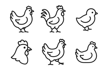 Collection of chicken and rooster line art illustrations in various poses and styles