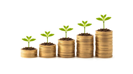 Five stacks of gold coins with green plants growing on white background