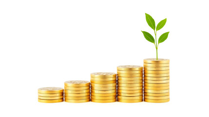 Five stacks of gold coins with a single plant growing on white background