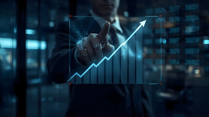 Hand touching a glowing financial growth chart on a dark background Keywords: hand, touching