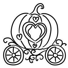 Whimsical Pumpkin Carriage Line Art with Hearts Fairytale Princess Coquette Outline Illustration for Romantic Wedding Invitation Halloween Fantasy or Magical Decor