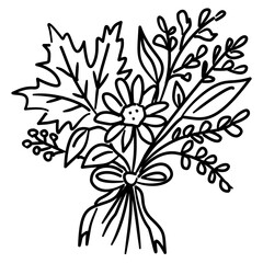 Autumn Flower Bouquet Line Art with Leaves and Ribbon Coquette Thanksgiving Fall Floral Outline Illustration for Seasonal Decor Cottagecore and Harvest Design