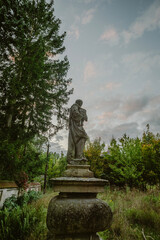 Weathered stone statue of a saint in an overgrown garden under a soft evening sky with tall pine trees and autumn foliage.