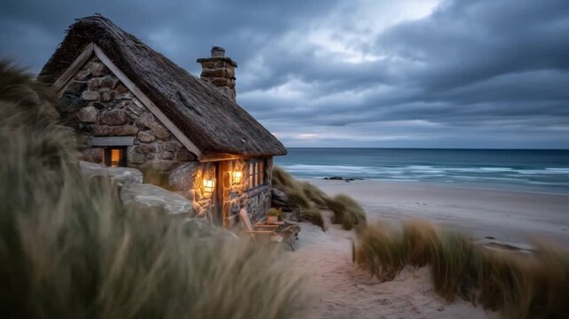 Coastal stone cottage with thatched roof under cloudy evening sky
