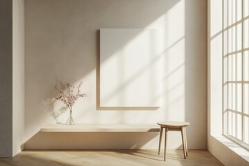 Fototapeta premium Minimalist interior with blank canvas vase stool and sunlight through window.