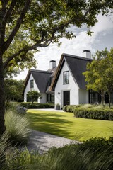 Obraz premium Modern white houses with black roofs surrounded by lush greenery and a well-maintained lawn on a sunny day, steps away from a scenic garden pathway