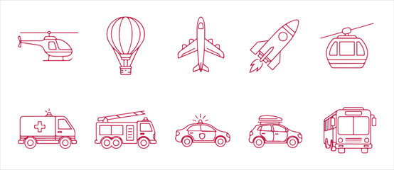 Collection of transportation line icons including helicopter, balloon, airplane, rocket, ambulance, fire truck, and more