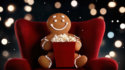 A cheerful gingerbread man sitting in a comfortable red chair, holding a box of popcorn in front of glowing bokeh lights. It's a whimsical and inviting scene of movie night