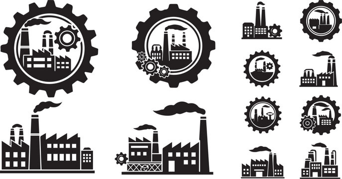 Minimalist industrial icon set – black-and-white silhouettes of factories, chimneys, gears, and cogwheels for manufacturing, engineering, and economic development design.
