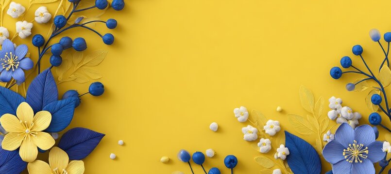 Yellow background with decorative blue and white flowers and berries - Powered by Adobe